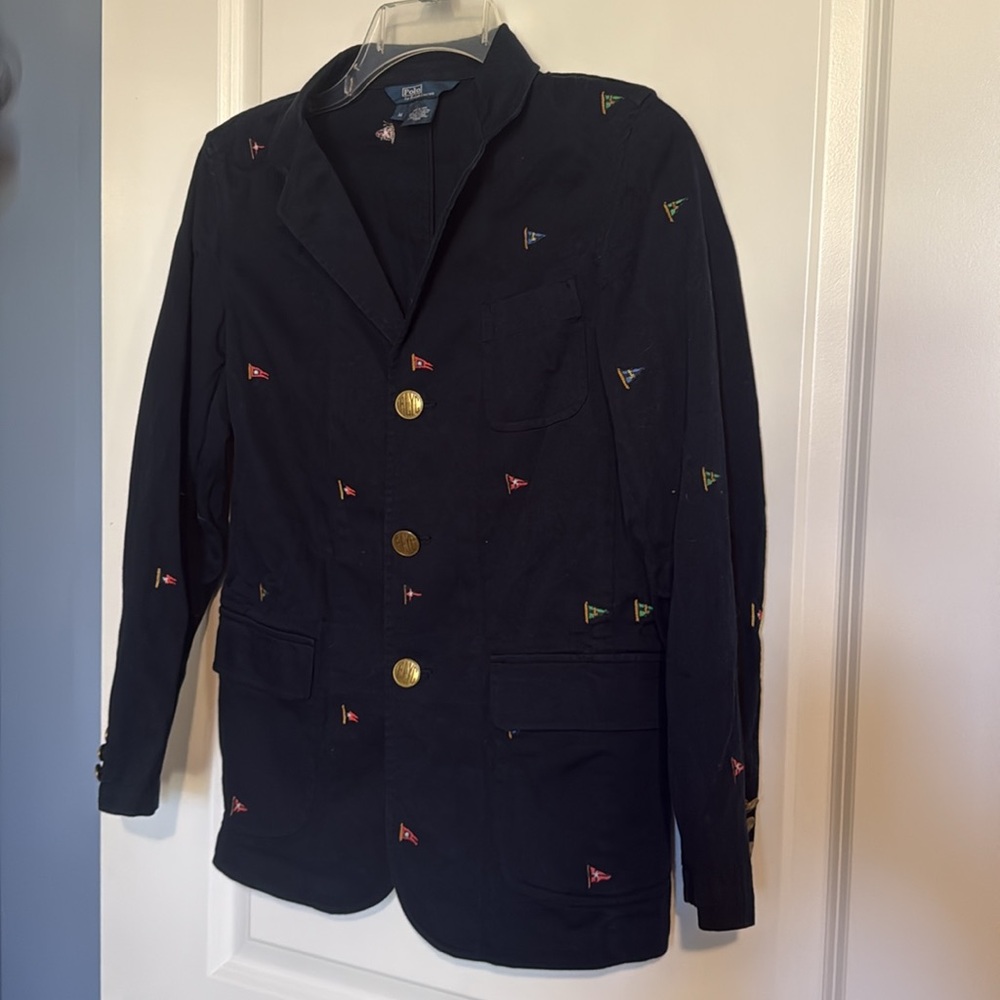Polo Ralph Lauren boys M 10 Navy Blazer Embroidered Flags EUC Yacht club Rare🇺🇸
